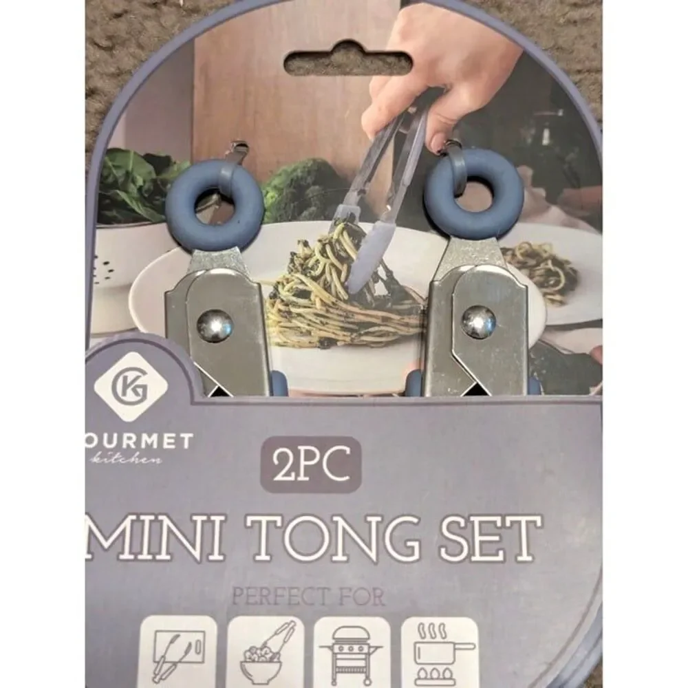 Gourmet Mini Tong Set Blue Silicone Metal Hook 8-inch 2-Pc Kitchen Gadget Gift
